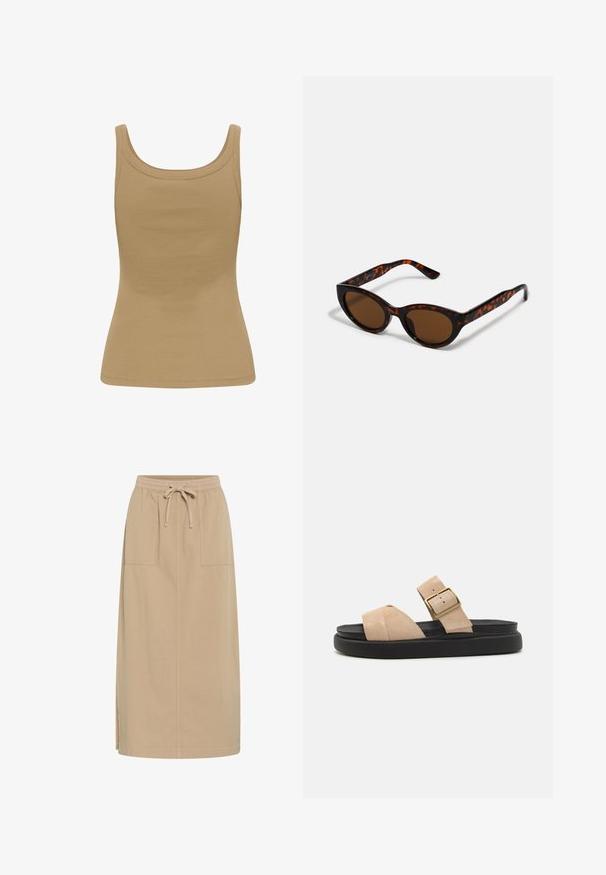 Ærmeløs beige ribstrikket tanktop med brede stropper og rund halsudskæring, tætsiddende silhuet og lige kant.; Beige bomuldsnederdel med snoreliv, to sidelommer, lige pasform og sideslidser for nem bevægelse. Glat tekstur.; Beige ruskindssandaler med en buet rem, guldfarvet spænde og en sort platformssål. Flad design egnet til afslappet brug.; Brune skildpadde solbriller med en vintage katteøje-form og brune linser. Har buede arme med røde detaljer.