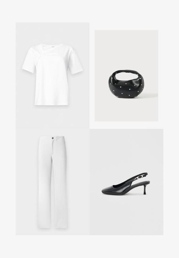 T-shirt blanc à manches courtes avec un détail froncé torsadé près de l'épaule gauche et un col rond.; Pantalons blancs à jambes droites avec une fermeture à bouton doré, un devant plat et une texture de tissu lisse. Aucun motif ni embellissement visible.; Chaussure slingback noire en cuir à bout pointu avec un petit talon aiguille bas et une bride réglable à boucle sur un fond clair uni.; Sac à main en cuir noir de forme arrondie, décoré de clous argentés et équipé d'une poignée courte. Texture lisse et fermeture éclair.