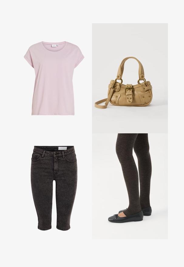 Camiseta rosa hecha de tela suave, con cuello redondo y mangas cortas enrolladas. Corte recto con un ajuste ligeramente holgado.; Pantalones cortos de mezclilla negra hasta la rodilla con un estilo clásico de cinco bolsillos, cremallera y cierre de botón. Textura ligeramente descolorida, diseño ceñido.; Piernas con leggings oscuros acanalados combinados con bailarinas negras que presentan pequeños detalles de lazo sobre un fondo blanco.; Bolso de cuero beige con doble asa, hebilla y remaches de latón, y una correa de hombro ajustable sobre un fondo blanco.