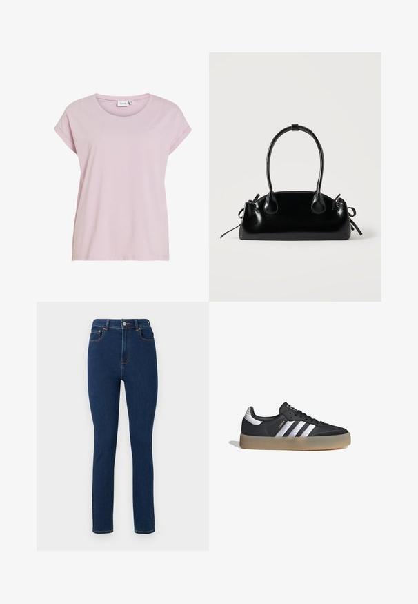 Camiseta rosa hecha de tela suave, con cuello redondo y mangas cortas enrolladas. Corte recto con un ajuste ligeramente holgado.; Jeans de mezclilla azul oscuro con cintura alta, corte recto, bolsillos frontales y costuras en color naranja contrastante a lo largo de las costuras. Diseño limpio y minimalista.; Zapatilla deportiva de cuero negro con tres rayas plateadas, punta texturizada y suela de goma. Cuenta con un collar acolchado y un diseño con cordones.; Pequeño bolso negro brillante con dos asas largas y detalles de cordón lateral sobre un fondo claro liso.