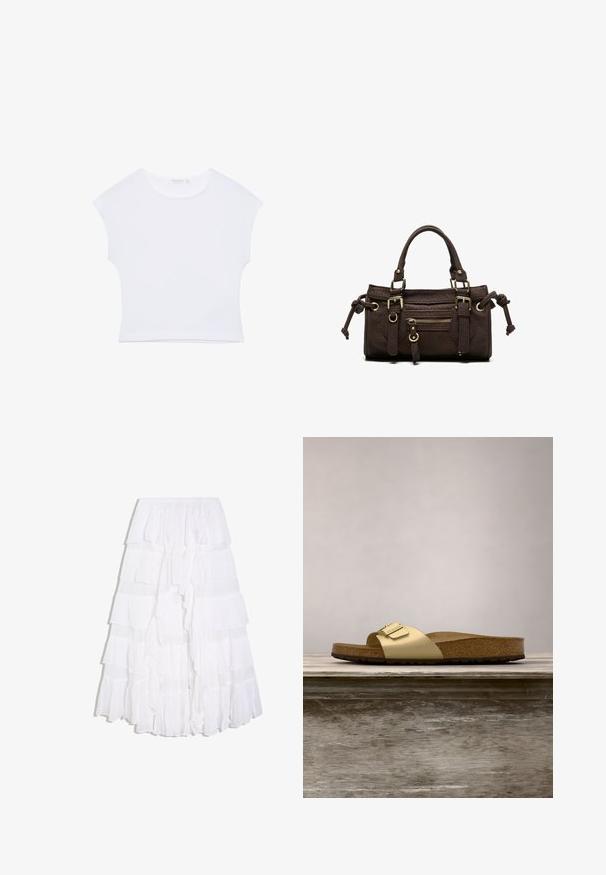 T-shirt court blanc à manches courtes avec col rond, en tissu lisse, posé à plat sur un fond blanc.; Jupe blanche à volants superposés avec plusieurs couches et une ceinture élastique, créant une apparence fluide et légère.; Sandale glissante synthétique dorée avec une seule sangle et un accent de boucle, dotée d'un pied en liège brun et d'une semelle en caoutchouc texturé.; Sac à main en cuir marron foncé avec double poignée, poche avant zippée, boucles décoratives et nœuds latéraux sur fond blanc.