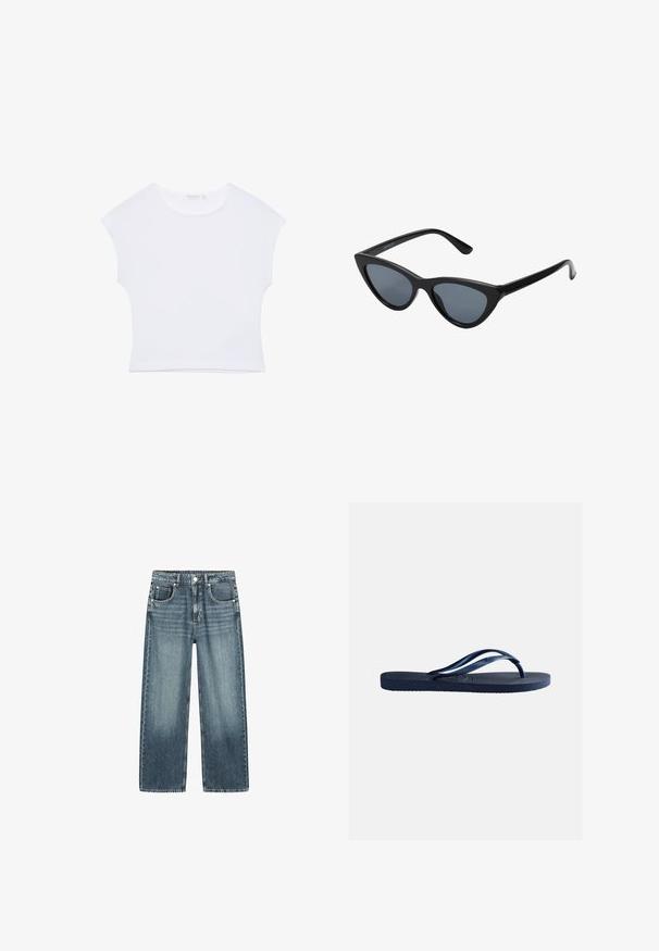 Witte cropped T-shirt met korte mouwen en een ronde hals, gemaakt van gladde stof, plat neergelegd op een witte achtergrond.; Blauwe rechte jeans met een middelhoge taille, vijf zakken en vervaagde details aan de voorkant, getoond op een witte achtergrond.; Navyblauwe rubberen teenslipper met een gestructureerde zool en Y-vormige banden, geïsoleerd op een effen lichtgrijze achtergrond.; Zwarte cat-eye zonnebril met donkergrijze lenzen, slank plastic frame, puntige hoeken en rechte pootjes. Geen zichtbare hardware of accenten.