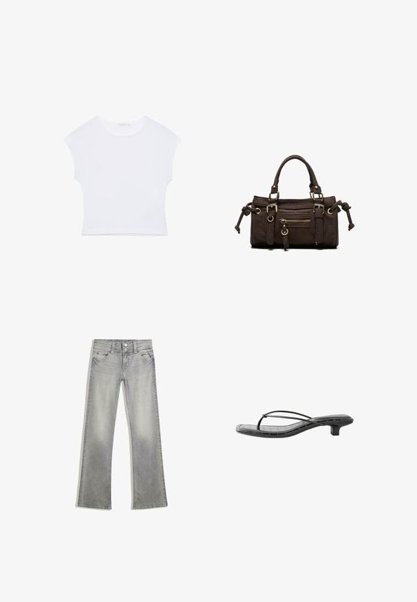 T-shirt court blanc à manches courtes avec col rond, en tissu lisse, posé à plat sur un fond blanc.; Jeans flare en denim gris avec une finition délavée, dotés d'une fermeture à bouton, de cinq poches et de coutures le long de la taille et de l'ourlet.; Sandale noire à petit talon avec fines brides croisées et bout carré, avec un motif crocodile faux texturé sur la semelle.; Sac à main en cuir marron foncé avec double poignée, poche avant zippée, boucles décoratives et nœuds latéraux sur fond blanc.