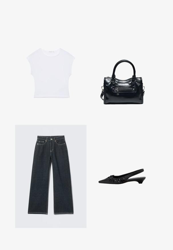 Witte cropped T-shirt met korte mouwen en een ronde hals, gemaakt van gladde stof, plat neergelegd op een witte achtergrond.; Donkerblauwe jeans met wijde pijpen, knoopsluiting aan de voorkant, rits, lussens voor riem en vijf zakken, tegen een lichte effen achtergrond.; Zwarte leren slingback schoen met een spitse neus, geplooide details en een lage hak. Gladde textuur en minimalistisch ontwerp.; Zwarte glanzende leren handtas met twee handvatten, voorvak met rits en afneembare schouderriem op witte achtergrond.
