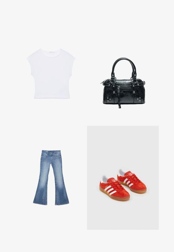 T-shirt court blanc à manches courtes avec col rond, en tissu lisse, posé à plat sur un fond blanc.; Jean en denim bleu clair avec jambes évasées larges, poches plaquées avant et fermeture à double bouton sur fond blanc.; Baskets en daim rouge avec rayures blanches, semelle en gomme, col rembourré et logo sur la languette. Design classique avec une tige texturée.; Sac à main en cuir noir avec deux poignées, poche avant zippée, clous argentés et surface texturée isolée sur fond blanc.