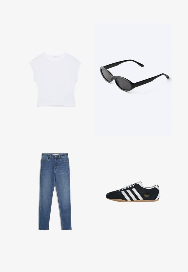 Weißes kurzärmeliges, bauchfreies T-Shirt mit rundem Ausschnitt aus glattem Stoff, flach auf einem weißen Hintergrund liegend.; Blaue Denim-Jeans mit hoher Taille, slim Fit, Fronttaschen, Reißverschluss und kontrastierenden Nähten. Strukturierte Gestaltung mit glatter Textur.; Schwarze Wildledersneaker mit drei weißen Streifen, goldenem Logo und brauner Gummisohle. Merkmale ein niedrigprofiliertes Schnürdesign.; Schlanke schwarze ovale Sonnenbrille mit dunklen Gläsern und geraden Bügeln, liegend auf einer weißen Oberfläche.