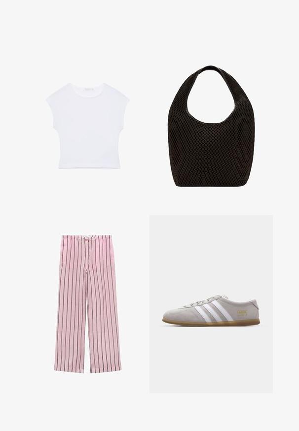 Hvid kortærmet cropped T-shirt med rund halsudskæring, lavet af glat stof, lagt fladt på en hvid baggrund.; Lyserøde stribede bredbenede bukser med sorte og grå lodrette striber. Fremstillet af letvægtsstof og med en elastisk talje for komfort.; Grå suedestøvle med hvide læderstriber og guldlogo-detalje. Flad gummisål, rund tå og klassisk snølukkedesign.; Sort åbenvævet mesh-tote med rundet topgreb og bredt, buet kropsdesign.