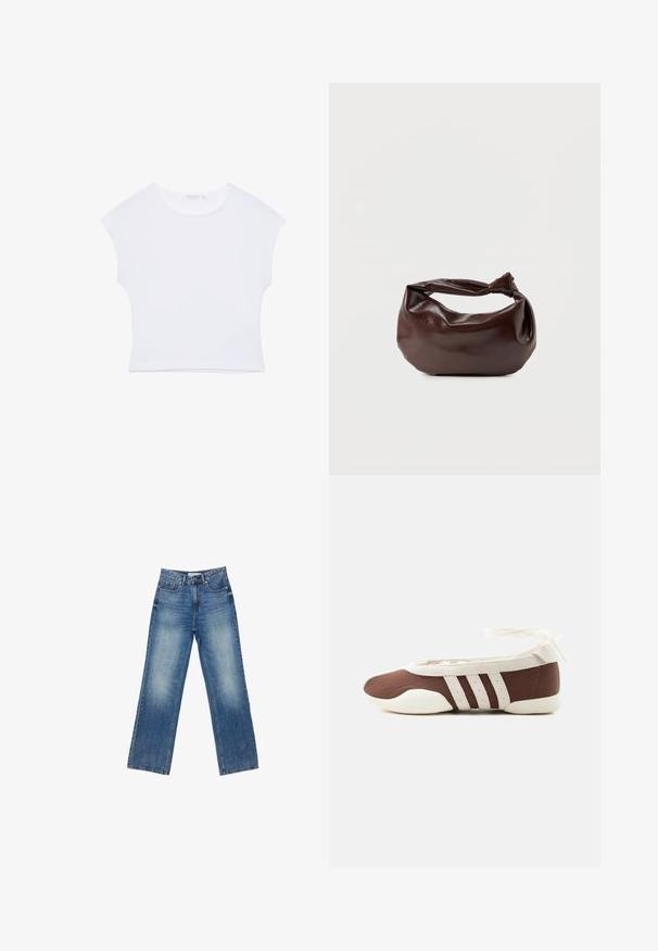 Weißes kurzärmeliges, bauchfreies T-Shirt mit rundem Ausschnitt aus glattem Stoff, flach auf einem weißen Hintergrund liegend.; Helle Denim-Hosen mit weitem Bein und einem verwaschenen Finish, fünf Taschen, sichtbaren Nähten, Knopf- und Reißverschluss sowie geradem Schnitt.; Brauner und weißer Ballerinaschuh mit drei weißen Streifen und einer Schleife zum Binden am Knöchel auf einem schlichten hellen Hintergrund.; Dunkelbraune Lederschultertasche mit weicher, lockerer Form und einem gedrehten Knotengriff vor schlichtem weißem Hintergrund.