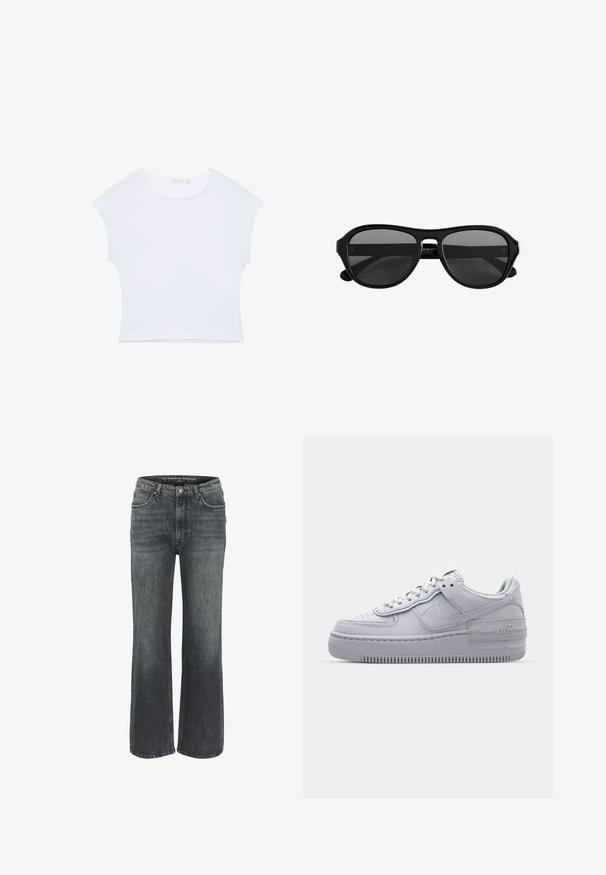 Weißes kurzärmeliges, bauchfreies T-Shirt mit rundem Ausschnitt aus glattem Stoff, flach auf einem weißen Hintergrund liegend.; Weite Jeans aus dunkelgrauem Denim mit klassischem Fünf-Taschen-Design, genähten Details und einem Knopfverschluss an der Taille.; Graue Nike Air Force 1 Sneaker mit perforierter Zehenpartie, Obermaterial aus glattem Leder, dicker Sohle und geprägtem 'AIR'-Detail an der Ferse.; Schwarze Sonnenbrille mit Kunststoffrahmen, dunkel getönten Gläsern und schmaler Brücke, von vorne vor weißem Hintergrund gezeigt.