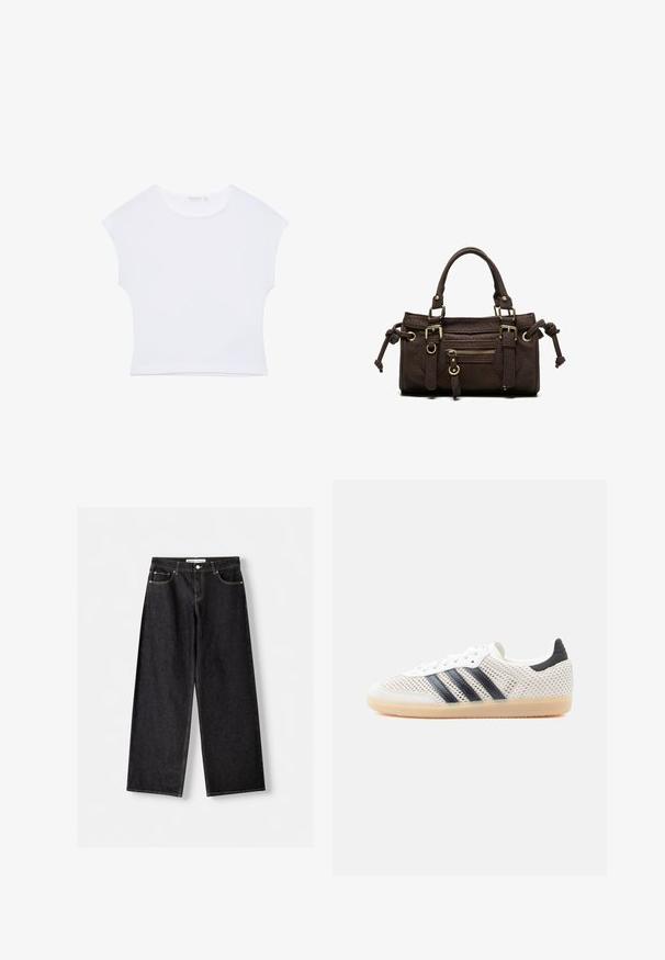 Weißes kurzärmeliges, bauchfreies T-Shirt mit rundem Ausschnitt aus glattem Stoff, flach auf einem weißen Hintergrund liegend.; Schwarze Jeans mit weitem Bein, Vordertaschen und silbernem Knopfverschluss, flach auf einem hellgrauen Hintergrund ausgelegt.; Weiße Mesh-Sneaker mit schwarzem Drei-Streifen-Design, abgerundeter Spitze und Gummisohle. Verfügen über einen weichen Fersenkragen und Schnürverschluss.; Dunkelbraune Lederhandtasche mit doppelten Griffen, vorderer Reißverschlusstasche, dekorativen Schnallen und seitlichen Knoten auf weißem Hintergrund.