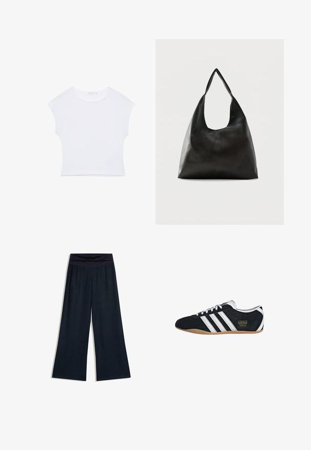 T-shirt court blanc à manches courtes avec col rond, en tissu lisse, posé à plat sur un fond blanc.; Pantalon noir à jambes larges avec une taille haute repliée, posé à plat sur un fond blanc.; Sneakers en suede noir avec trois bandes blanches, logo doré et semelle en caoutchouc marron. Présente un design à lacets à profil bas.; Sac bandoulière en cuir noir lisse avec une large sangle unique et un design décontracté et minimaliste sur un fond uni.