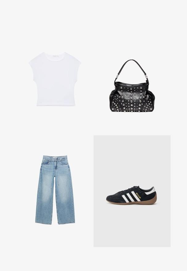 Hvid kortærmet cropped T-shirt med rund halsudskæring, lavet af glat stof, lagt fladt på en hvid baggrund.; Lyseblå jeans med vide ben, høj talje, forlommer, bæltestropper og et tyndt justerbart snørebånd som bælte.; Sort ruskindssneaker med tre hvide striber, gummisål og et lille gyldent logo på siden. Har en glat sort foring indvendigt.; Sort læderhåndtaske med enkelt håndtag, dekoreret med flere sølvnitter i forskellige størrelser på frontfladen.