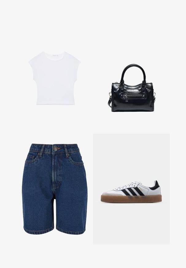 T-shirt court blanc à manches courtes avec col rond, en tissu lisse, posé à plat sur un fond blanc.; Shorts en denim de couleur bleu foncé, taille haute, à cinq poches, avec des coutures orange contrastantes. Le tissu semble texturé.; Baskets en cuir blanc avec des rayures noires, semelle extérieure en caoutchouc beige, bout rond, fermeture lacée et embout en suède gris doux.; Sac à main en cuir noir brillant avec deux poignées, poche avant zippée et bandoulière amovible sur fond blanc.