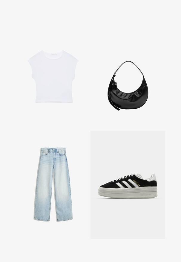 Hvid kortærmet cropped T-shirt med rund halsudskæring, lavet af glat stof, lagt fladt på en hvid baggrund.; Lyseblå denim bukser med vid ben, høj talje, fem lommer, knaplukning og en falmet finish. Har lige, løse ben.; Sort ruskind sneaker med hvide læderdetaljer, tre hvide striber, flade snørebånd og en tyk grå platformsål. Guldfarvet "Gazelle" branding.; Sort halvmåneformet læderhåndtaske med kort rem og lynlåslukning med læder trækflig på siden.
