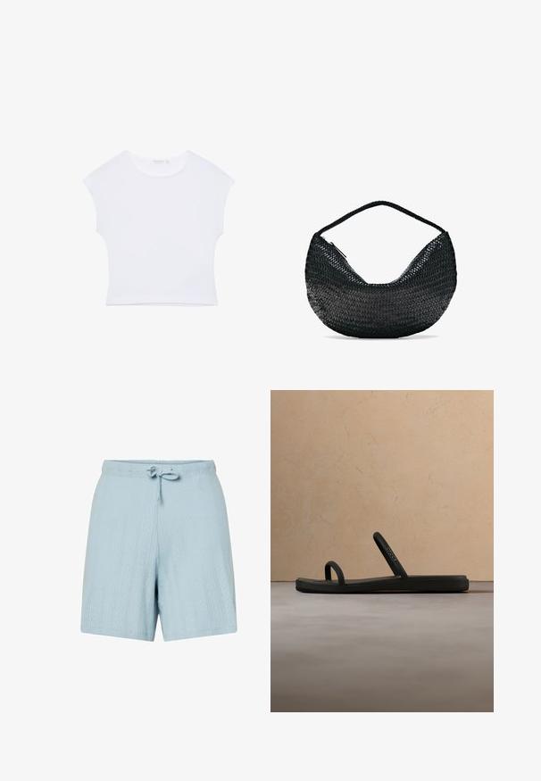 Hvid kortærmet cropped T-shirt med rund halsudskæring, lavet af glat stof, lagt fladt på en hvid baggrund.; Lyseblå bomuldsshorts med et struktureret mønster, snøre i taljen og en afslappet pasform. Har diagonale striber og diskrete diamantformer.; Sort Crocs-sandal med minimalistiske dobbelte stropper svævende over beige tæppe i et neutralt farvet rum med blødt møblement i baggrunden.; Sort vævet lædertaske i halvmåneform med en enkelt flettet hank og lynlås øverst.