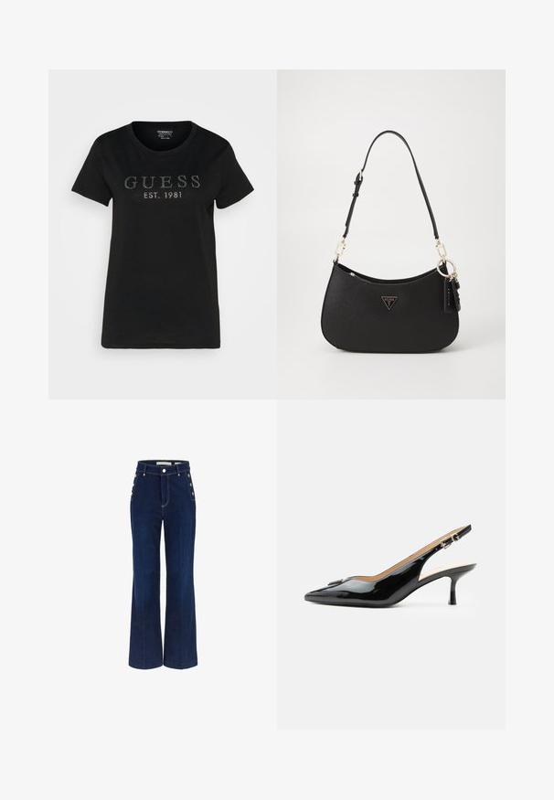Sort bomulds T-shirt med korte ærmer, rund hals og et frontdesign med "GUESS" og "EST. 1981" i naglede accenter.; Mørkeblå bredbenede jeans med høj talje, der har knapdetaljer på siderne og en glat denimtekstur.; Sort patentlæder slingback hæl med spids tå, lille kitten hæl og sølvspænde på en ensartet hvid baggrund.; Sort syntetisk håndtaske med en buet form, guldfarvet hardware og et trekantet logo. Har lynlås lukning og en justerbar rem.
