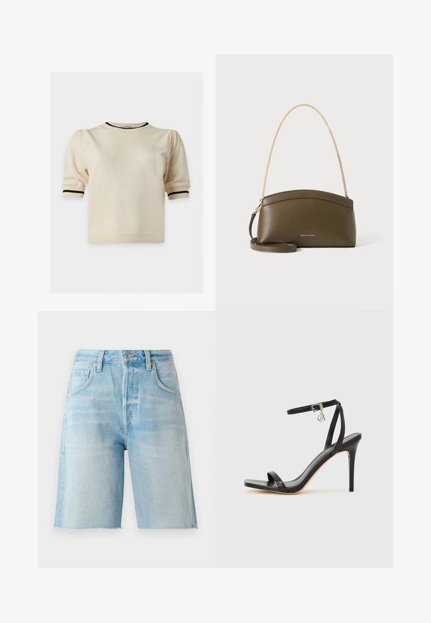 Kremfarvet kortærmet top med puffede ærmer og sort kant på halsudskæringen og ærmekanter på hvid baggrund.; Lyseblå denimshorts med høj talje, fem lommer og rå kant. Blødt materiale og klassisk snit, velegnet til afslappet brug.; Sort hæl-sandal med smal ankrem, firkantet tå-boks, glat lædermateriale og metalspænde som pynt.; Olivengrøn Michael Kors-håndtaske med guldkæde skulderrem, buet top og lille gyldent logo foran, vist mod hvid baggrund.