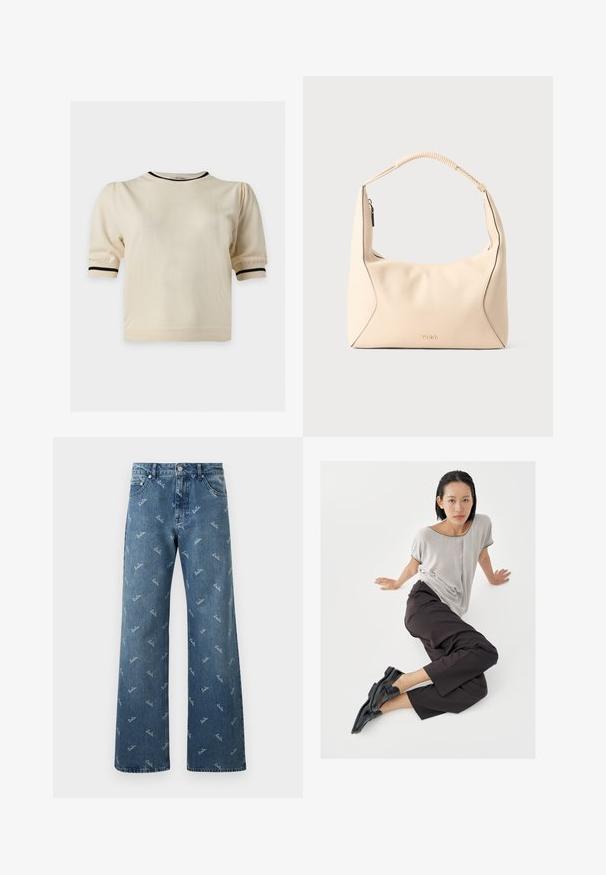 Kremfarvet kortærmet top med puffede ærmer og sort kant på halsudskæringen og ærmekanter på hvid baggrund.; Lyseblå denimjeans med bred bendesign, prydet med et gentaget 'lala' logo-mønster i hvid og en klassisk fem-lomme stil.; Lysegrå top med korte ærmer, mørke bukser med vide ben og sorte loafers. Glat stof, afslappet pasform og kontrastfarvet kant på skjorten.; Cremefarvet læderhåndtaske med flet håndtag og guldlynlås, med subtilt præget "HUGO" logo i midten foran.