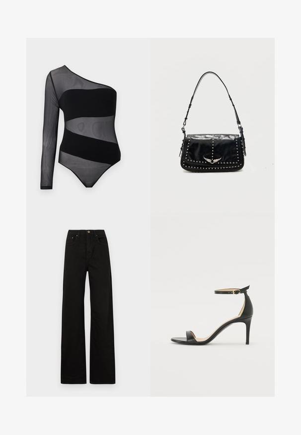 Schwarzer, einseitig spiralförmiger, transparenter Mesh-Body mit einem langen Ärmel und soliden diagonalen Bändern über der Brust und Taille.; Schwarze weit geschnittene Jeans aus robustem Stoff. Mit einem Frontknopfverschluss, Gürtelschlaufen und zwei vorderen Taschen. Glatte, einheitliche Textur.; Schwarze Leder-high-heeled Sandale mit Knöchelriemen. Verfügt über eine glatte Textur, offene Zehen und einen dünnen Absatz. Goldfarbener Schnallenakzent.; Schwarze Leder-Schultertasche mit silbernen Nieten und geflügeltem Metall-Emblem auf der Frontklappe vor einfarbigem Hintergrund.