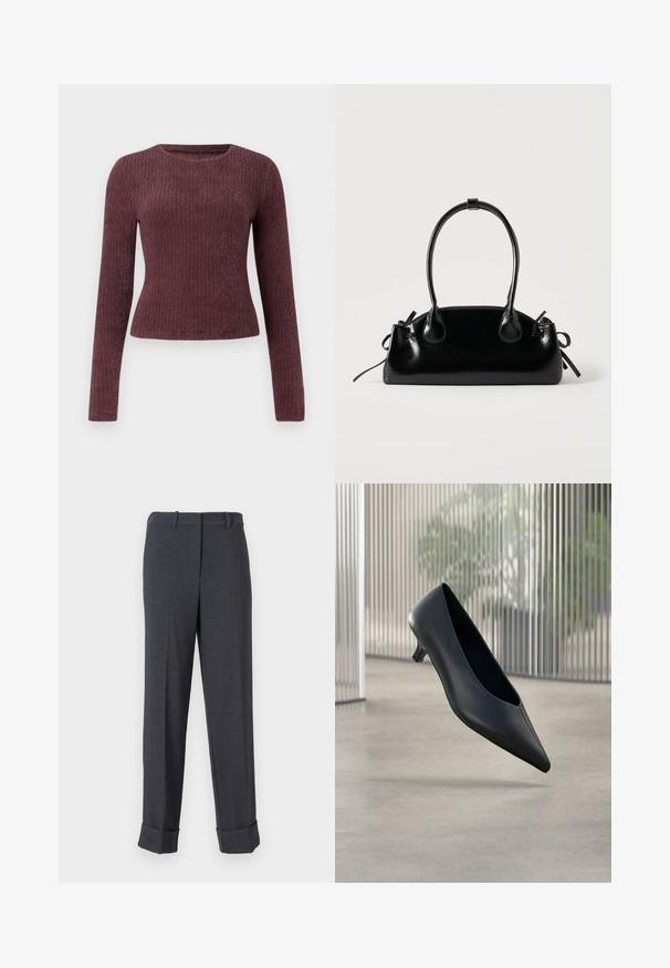 Top de manga larga, de canalé en burdeos oscuro. Presenta un escote redondo y una silueta ajustada. Fabricado en un tejido suave y texturizado.; Pantalones grises ajustados hechos de un tejido texturizado, con pierna recta, trabillas para cinturón y dobladillos enrollados para una apariencia estructurada.; Zapato negro de tacón bajo y puntera puntiaguda que flota sobre un suelo de hormigón liso con paneles verticales translúcidos de fondo.; Pequeño bolso negro brillante con dos asas largas y detalles de cordón lateral sobre un fondo claro liso.