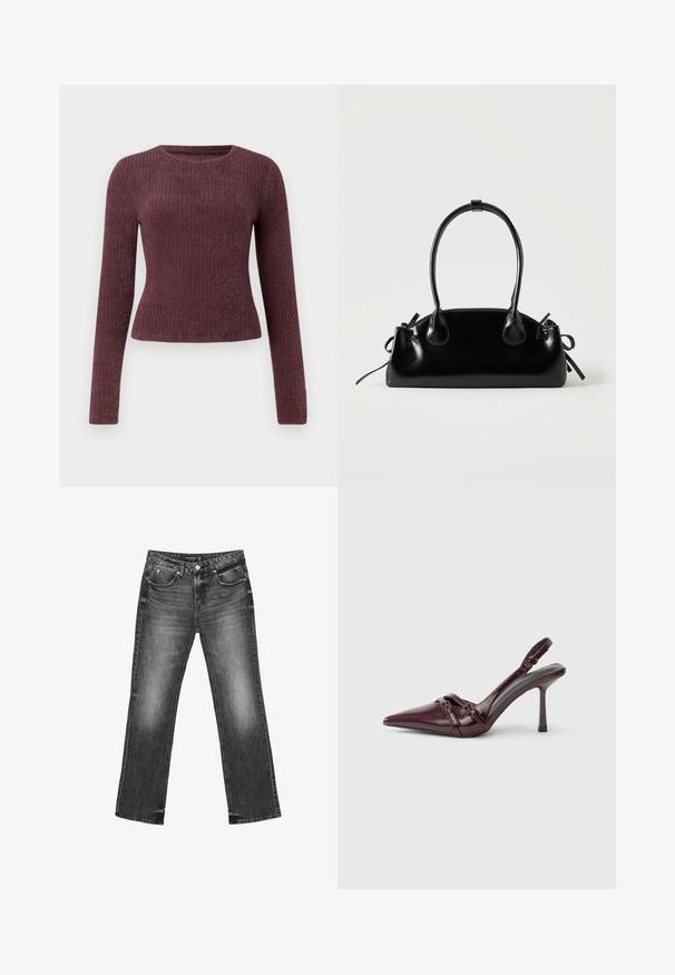 Langærmet, ribbet top i dyb burgunder. Har en rund halsudskæring og tætsiddende silhuet. Fremstillet af blødt, tekstureret stof.; Sorte denim jeans med lige ben, falmet tekstur og fem lommer. Har bæltestropper og lynlås.; Bourgogne laklæder slingback-hæl med spids tå, tynd ankelrem og lille dekorativ spænde. Glat tekstur og høj hæl.; Lille sort blank håndtaske med to lange håndtag og snøre-detaljer i siden på en ensfarvet lys baggrund.