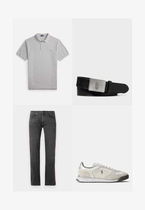 Grijs poloshirt van katoen, voorzien van een klassieke kraag, een knoopsluiting met twee knopen en een subtiel logo geborduurd op de linkerborst.; Donkergrijze denimjeans met een rechte pijp, ontwerp met vijf zakken en subtiele stikseldetails. Gemaakt van katoenrijke stof.; Lage witte en lichtgrijze sneaker met Polo-logo aan de zijkant, veters aan de voorkant en zilveren accent op de hiel.; Zwarte leren riem met een rechthoekige zilverkleurige metalen gesp met een reliëf van een ruiterlogo, een gladde textuur en vijf riemgaten.