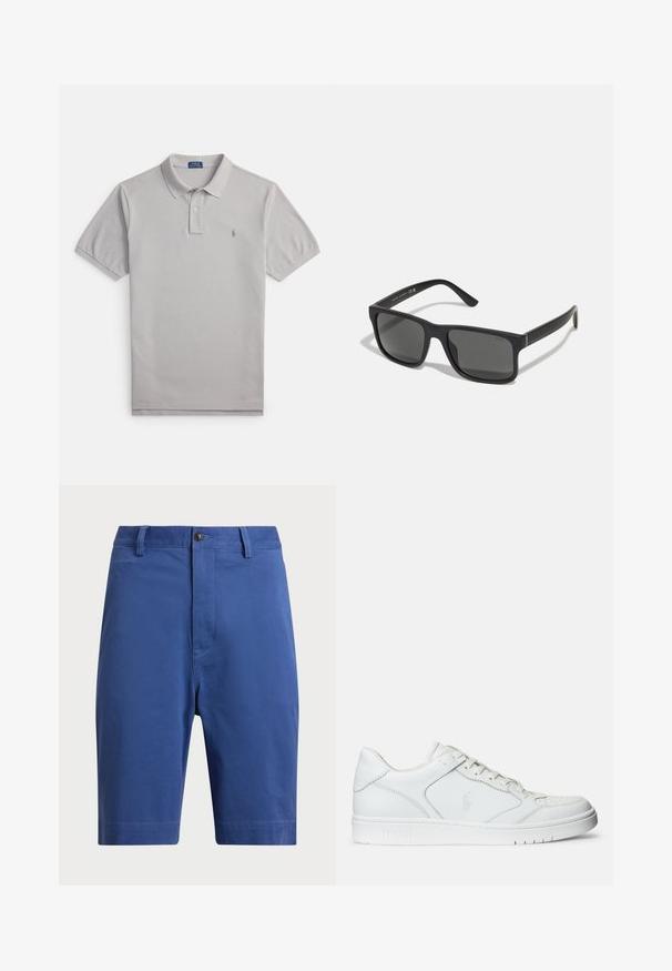 Graues Poloshirt aus Baumwolle, mit klassischem Kragen, Zweiknopf-Leiste und einem dezenten Logo, das auf der linken Brust bestickt ist.; Blaue Baumwollshorts mit flachem Bund, einem einzelnen Knopfverschluss und Gürtelschlaufen. Gerade geschnittene Beine ohne sichtbare Muster oder Akzente.; Weißer Ledersneaker mit glatter Textur, ausgestattet mit einer perforierten Zehenpartie, Schnürverschluss und gesticktem Logo an der Seite. Weiße Gummisohle.; Schwarze rechteckige Sonnenbrille mit dunklen Gläsern und matter Oberfläche. Enthält das eingeprägte "POLO"-Logo an den Bügeln und ein robustes Rahmendesign.