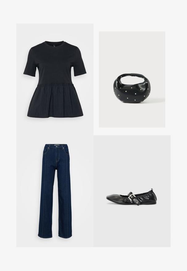 Camiseta negra de manga corta, con escote redondo y cintura ceñida y fruncida que da lugar a un dobladillo acampanado en peplum. Textura de tela suave.; Jeans de tiro alto y pierna ancha de color azul oscuro, con bolsillos frontales, passantes para cinturón y costuras de contraste sobre un fondo claro.; Zapato plano de piel negra con puntera afilada, detalle fruncido alrededor de la abertura y un acento de hebilla plateada en la correa ajustable.; Bolso de mano de cuero negro con forma redondeada, decorado con detalles de tachuelas plateadas y un asa corta. Textura lisa y cierre con cremallera.