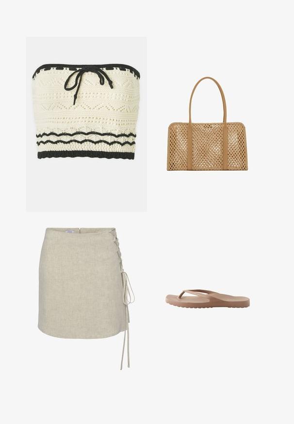 Pletený crop top v slonovinovej farbe s texturovaným vzorom, s čiernym elastickým pásom na vrchu a na spodku a s detailom viazania vpredu.; Béžová ľanová sukňa obopínajúceho strihu s detailom šnurovania na ľavej strane, rovný strih a zapínanie na zips vzadu. Hladká, štruktúrovaná tkanina.; Svetlohnedá gumená žabková sandála s textúrovanou podrážkou a tenkými remienkami, zobrazená z bočného pohľadu na bielom pozadí.; Obdĺžniková svetlohnedá tkaná kabelka s dvoma dlhými hladkými rúčkami a otvoreným mriežkovým vzorom po celom tele kabelky.