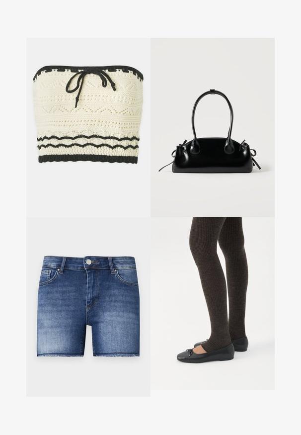 Crop top en tricot ivoire avec un motif texturé, doté d'une bande élastique noire en haut et en bas, et d'un détail de lien à l'avant.; Shorts en denim dans un délavage bleu moyen avec une coupe droite. Présentent des zones décolorées, une poche frontale et un ourlet brut en bas.; Jambes portant des leggings côtelés foncés associés à des ballerines noires avec de petits détails en nœud sur fond blanc.; Petit sac à main noir brillant avec deux longues anses et des détails à cordon sur les côtés sur un fond clair uni.