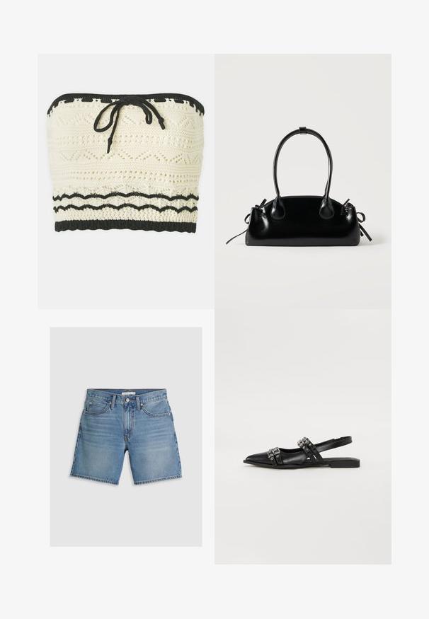 Gebreide crop top in ivoorkleur met een gestructureerd patroon, voorzien van een zwarte elastische band aan de boven- en onderkant en een strikdetail aan de voorkant.; Leren denim shorts in lichtblauw, met een rechte snit, vijf zakken en een knoopsluiting. Gemaakt van katoen met een gladde textuur.; Even&Odd Slingback ballerina´s - black; Kleine zwarte glanzende handtas met twee lange hengsels en zijkant trekkoord details op een effen lichte achtergrond.