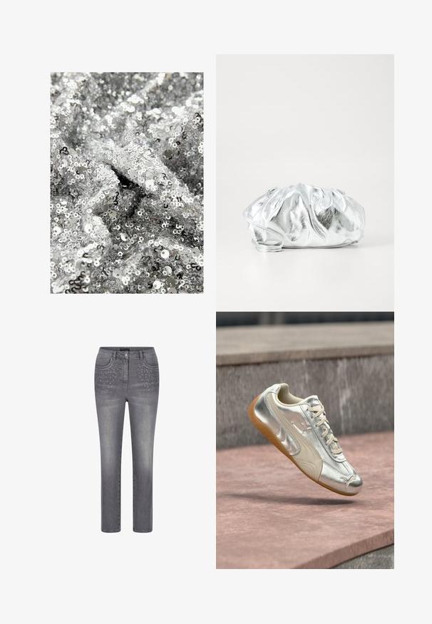 Zilveren paillettenstof met een gestructureerd oppervlak, bedekt met elkaar overlappende ronde pailletten van verschillende maten, die het licht in meerdere richtingen weerkaatsen.; Grijze rechte jeans met voorzakken versierd met kleine zilveren studs, knoopsluiting en riemlussen.; Zilveren en beige Puma-sneaker met een rubberen zool, zwevend boven roze en grijze stenen treden.; Metalen zilveren clutch tas met een zachte, geplooide body en een dunne schouderriem. Kenmerkt zich door een gladde, glanzende textuur en afgeronde vorm.