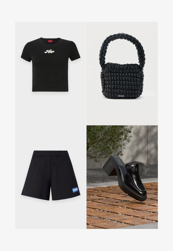 Must must hihk tõmblus, mis on valmistatud puuvillast, mille rinnal on valge käsitsi kirjutatud logo "Hugo" ja ümar kaelus. Lühikesed varrukad.; Mustad lühikesed püksid, millel on mugav lõige, elastne vöökoht ja sinine "HUGO" logo vasakul reiel; valmistatud pehmest ja hingavast materjalist.; Mustast nahast Calvin Kleini slip-on mules, millel on plokk-konts, toetub puitplaatidele õues, lähedal rohelisele taimele ja hallile seinale.; Väike must tikandiga käekott lühikese pehme sangaga ja esiküljel silt "HUGO", taustal hele ja lihtne.