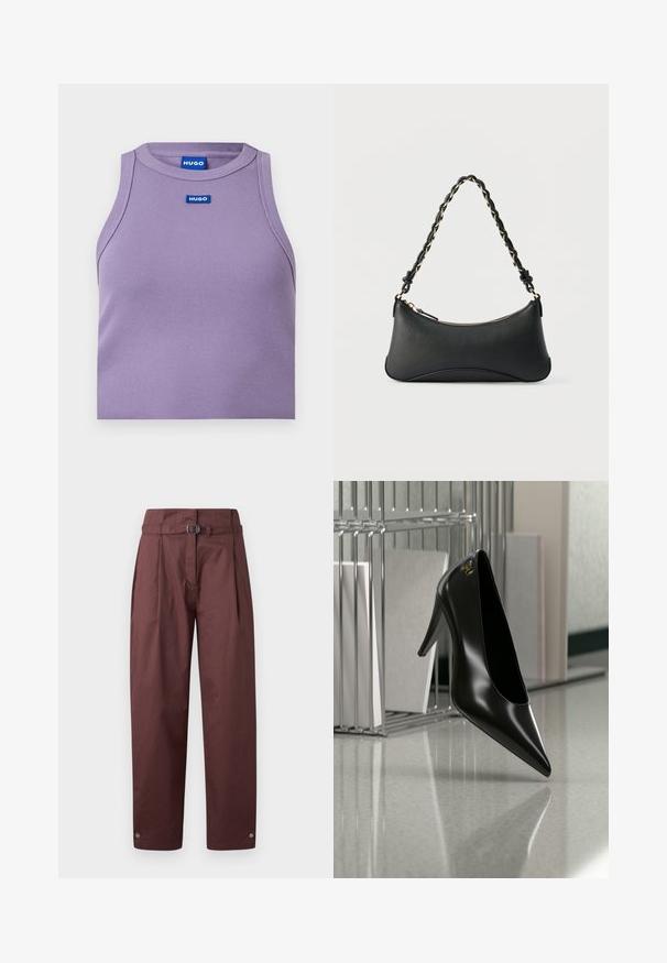 Top de tirantes sin mangas de punto acanalado en lila con escote redondo y parche azul con el logo de HUGO centrado justo debajo del cuello.; Pantalones de pierna ancha color burdeos hechos de algodón, con un cinturón en la cintura, frente plisado y snaps en los puños del tobillo. Textura suave, diseño minimalista.; Zapato de tacón alto negro con punta afilada y logo dorado, colocado sobre una superficie reflectante cerca de un organizador de archivos de alambre cromado con documentos.; Bolso de hombro de cuero negro con forma rectangular curvada, cadena dorada entrelazada en una correa negra trenzada y cierre superior con cremallera.