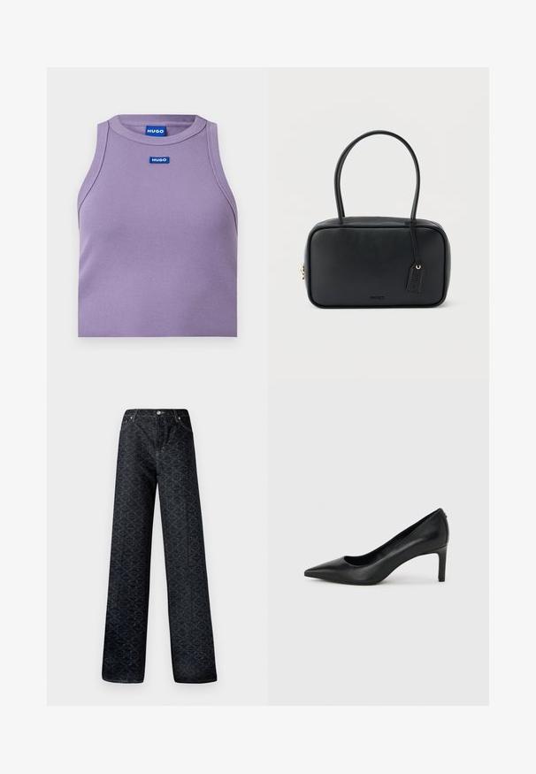 Ärmelloses fliederfarbenes geripptes Strick-Top mit rundem Ausschnitt und blauem HUGO-Logo-Patch mittig unter dem Kragen.; Dunkelblaue, weite Jeans mit geometrischem Muster, aus Denim gefertigt. Mit Metallknopf, Reißverschluss und Kettelung der vorderen Taschen.; Schwarzer, spitz zulaufender High-Heel-Pumps aus Leder mit einem schlanken, mittelhohen Absatz auf einem schlichten hellgrauen Hintergrund.; Schwarze rechteckige Handtasche mit doppelten, abgerundeten Griffen, goldfarbenem Reißverschluss und geprägtem „HUGO“-Logo auf der Vorderseite sowie angebrachtem Lederanhänger.
