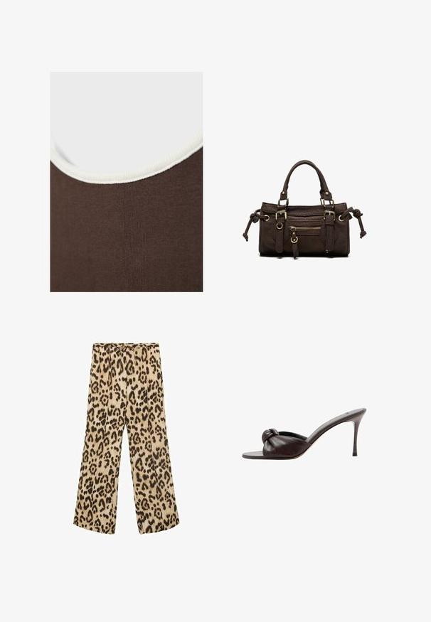 Nahaufnahme eines braunen Kleidungsstücks aus Stoff mit weißem, geripptem Halsausschnitt, das Textur- und Nahtdetails zeigt.; Leopardenmuster weite Hosen in Beige und Braun mit einem Kordelzugbund, glattem Stoff und lässiger Passform.; Dunkelbrauner Leder-Mule mit hohem Absatz, offenem Zehenbereich und Knoten-Detail am Vorderriemen.; Dunkelbraune Lederhandtasche mit doppelten Griffen, vorderer Reißverschlusstasche, dekorativen Schnallen und seitlichen Knoten auf weißem Hintergrund.