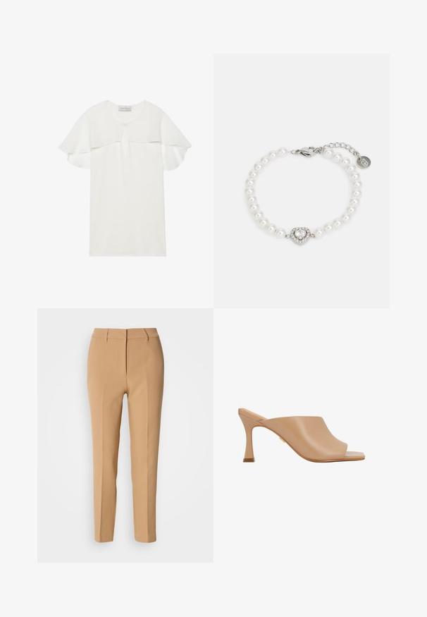 Vestido blanco de manga corta con un diseño de volantes en varias capas en los hombros, una abertura en forma de ojo de cerradura en el cuello y una textura de tela suave.; Pantalones tailored en tono beige, confeccionados en una tela suave, con frente plano, presillas para cinturón y dos bolsillos laterales; de corte slim con diseño de pierna recta.; Mules de tacón beige con punta abierta y textura de cuero suave; cuentan con un tacón esculpido con un detalle dorado y un diseño minimalista.; Pulsera de perlas con un charm en forma de corazón plateado, que cuenta con una piedra preciosa clara rodeada de pequeños strass. Cierre de langosta.