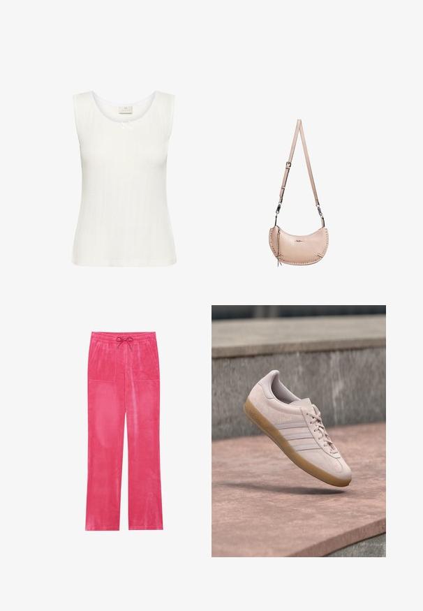 Top sans manches blanc avec une texture côtelée, un col rond et une délicate bordure en dentelle agrémentée d'un nœud au centre.; Pantalons en velours rose avec taille à cordon, deux poches avant, coupe évasée et texture lisse.; Baskets en daim rose clair avec une semelle en caoutchouc gomme. Elles présentent trois bandes latérales et le marquage embossé « Gazelle » sur le côté extérieur.; Sac à épaule en cuir beige clair en forme de croissant avec bandoulière réglable et petits clous métalliques le long des bords.