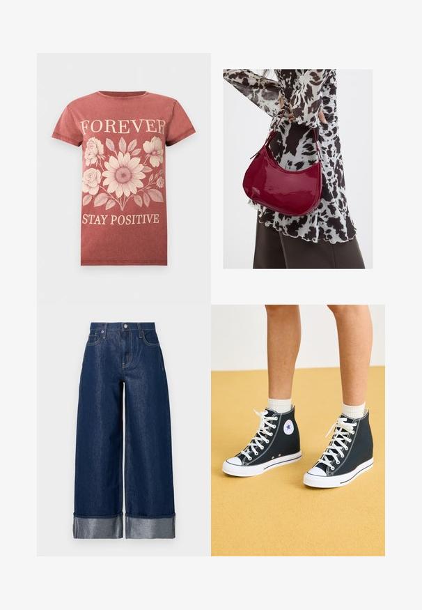 T-shirt à manches courtes couleur rouille avec un motif floral beige et le texte « FOREVER » au-dessus et « STAY POSITIVE » en dessous des fleurs.; Jean large en denim bleu foncé à taille haute, design à cinq poches, et revers pliés dévoilant le tissu intérieur plus clair.; Baskets montantes en toile bleu foncé avec des semelles en caoutchouc blanc, des lacets et des accents. Présente un logo circulaire et des détails de couture blanche.; Femme portant un chemisier à motif noir et blanc tenant un sac à main rouge brillant sur un fond uni.