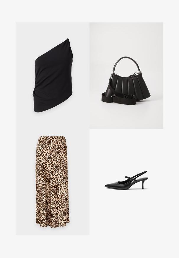Sort one-shoulder top lavet af blød stof, med draperet detaljer på siden og en glat tekstur samt en asymmetrisk silhuet.; Løleopardprint lang nederdel lavet af glat stof. Tan base med sorte og brune pletter. Udsvingende design med en lige kant.; Sorte læder slingback hæle med spids tå, slank justerbar rem og en stiletto hæl på cirka 5 cm, glat tekstur.; Sort plisseret handbag med et rundet håndtag, justerbar rem og blank overflade. Har sølvfarvet hardware og en struktureret silhuet.