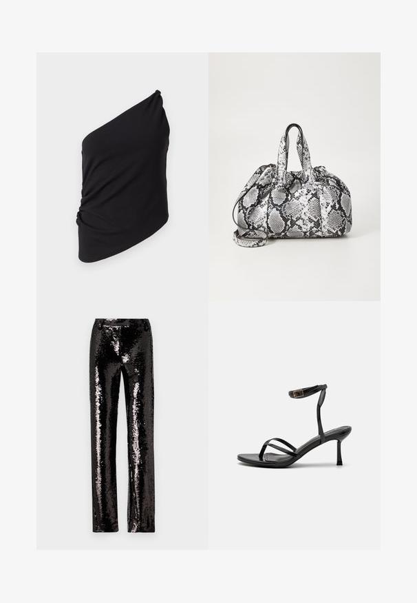 Haut noir à une épaule en tissu doux, avec un détail drapé sur le côté et une texture lisse, présentant une silhouette asymétrique.; Pantalons noirs en sequins avec une coupe droite, présentant une texture brillante et une surface scintillante qui reflète la lumière. Pas de fermetures visibles.; Sandales à talons hauts noires avec un design à fines lanières, texture lisse, boucle à la cheville et bout pointu. Détail de bride de cheville ajustable.; Sac à main en motif peau de serpent noir et blanc avec deux poignées, une fermeture à cordon et une bandoulière amovible. Texture lisse.