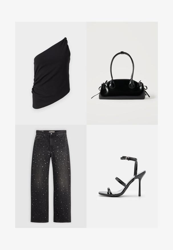 Sort one-shoulder top lavet af blød stof, med draperet detaljer på siden og en glat tekstur samt en asymmetrisk silhuet.; Sorte denim jeans med en løs pasform, prydet med spredte sølv-, guld- og hvide prikker. Designet med klassiske lommer og metalbeslag.; Sorte patentlæder højhælede sandaler med tre horisontale stropper og en justerbar ankelstrop. Elegant silhuet og skinnende finish.; Lille sort blank håndtaske med to lange håndtag og snøre-detaljer i siden på en ensfarvet lys baggrund.