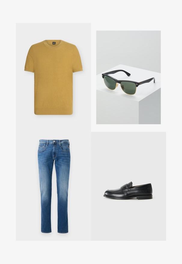 Kurzärmeliges senfgelbes Strickshirt mit Rundhalsausschnitt und subtil strukturiertem Muster, auf weißem Hintergrund dargestellt.; Herren Jeans aus blauem Denim mit einem verwaschenen Finish, gerader Beinschnitt, fünf Taschen und einem Knopfverschluss vorne. Genähte Akzente an den Taschen.; Schwarze Leder-Loeffler mit abgerundetem Zehenbereich, gesteppten Details und einer flachen Gummisohle. Verfügt über ein breites Band über dem Fußrücken.; Ray-Ban Sonnenbrillen mit grünen Gläsern, schwarzen Kunststoffrahmen und goldenen Akzenten an den Rändern. Quadratische Form mit matter Oberfläche.