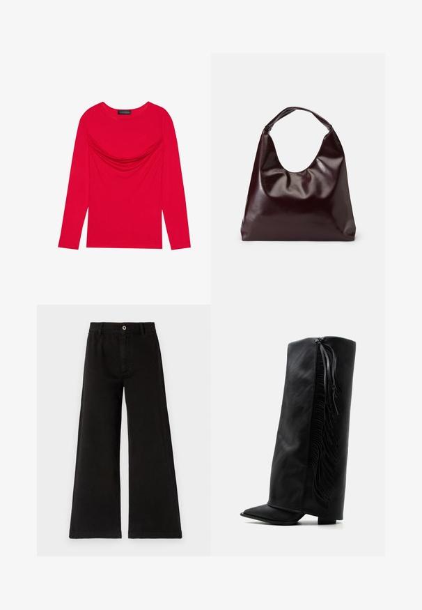 Top de manga larga en algodón rojo vibrante con detalle fruncido en el escote y un cuello redondo clásico, con silueta ajustada.; Pantalones anchos negros, hechos de algodón texturizado, presentan un cierre de botón en la parte frontal, trabillas para el cinturón y dobladillos rectos con detalles de costura limpia.; Bota negra de cuero hasta la rodilla con puntera puntiaguda y flecos decorativos a lo largo del lateral exterior sobre un fondo blanco liso.; Bolso tote vegan de cuero brillante en burdeos, con una forma suave y escultórica y un asa ancha y curvada para facilitar el transporte.