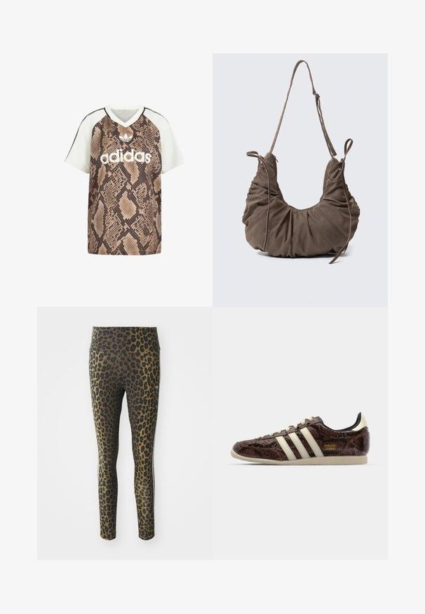 Adidaksen lyhythihainen V-kaula-aukollinen paita, jossa valkoiset hihat ja ruskea käärmekuvioitu vartalo, valkoisella Adidas-logolla ja kolmiolippu-embleemilla edessä.; Leggins leopardikuvioilla, joissa on korkea vyötärö, joustava kangas ja mustat yksityiskohdat vaaleanruskealla pohjalla, suunniteltu mukavuutta ja istuvuutta varten.; adidas Originals JAPAN - Matalavartiset tennarit - preloved brown/cream white/core black; Ruskea mokkanahkainen olkalaukku ryppyisillä yksityiskohdilla, säädettävällä hihnalla ja koristeellisilla sivusolmilla, esitetty neutraalia taustaa vasten.