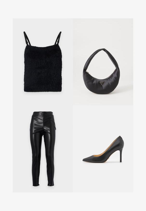 Sort fuzzy stof top med tynde stropper. Tekstureret overflade, firkantet form og let design. Enkel, monokrom farveskema.; Højtaljede sorte faux læder leggings med en glat, skinnende tekstur, sidesømme og lynlåse ved anklerne for en tætsiddende silhuet.; Sort læder spidse stiletto hæle med høj hæl, der har en glat overflade og minimalistisk design. Indersiden er foret i tan farve.; Sort satin håndtaske med en buet form, der har en lynlåslukning og et trekantet logo i metal på forsiden. Glat tekstur og slankt design.