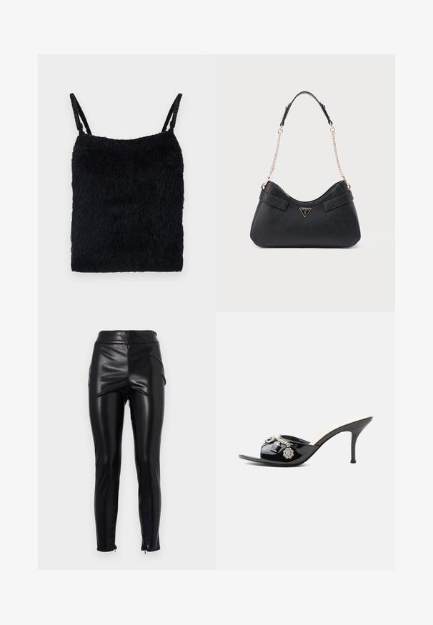 Schwarzes, flauschiges Oberteil aus Stoff mit dünnen Trägern. Strukturiert Oberfläche, quadratische Form und leichtes Design. Schlichtes, monochromatisches Farbschema.; Hoch taillierte schwarze Leggings aus Kunstleder mit einer glatten, glänzenden Textur, seitlichen Nähten und Reißverschlüssen an den Knöcheln für eine figurbetonte Silhouette.; Schwarzer Lackleder High-Heel Mule mit offenem Zehenbereich und dekorativen silbernen Anhängern, darunter eine Blume und ein Vorhängeschloss am vorderen Riemen.; Schwarze Handtasche mit strukturierter Oberfläche, geschwungener Silhouette und doppeltem Tragegurt aus Leder und Kette, mit goldenem Logo-Akzent.