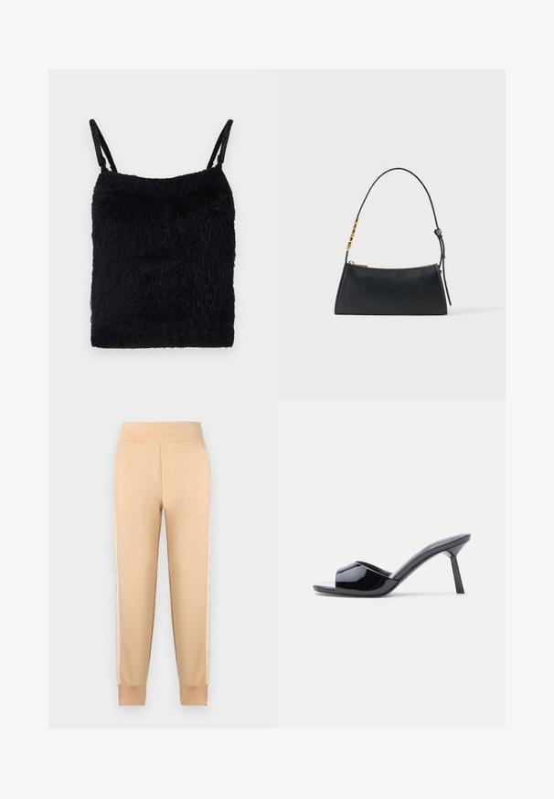 Sort fuzzy stof top med tynde stropper. Tekstureret overflade, firkantet form og let design. Enkel, monokrom farveskema.; Beige sweatpants med en glat tekstur, der har et tapered design, elastisk talje og mønstrede sidelommer.; Sorte laklæder sandaletter med åben tå, der har et buet overdesign og en spids stilethæl. Glat, blank finish.; Sort læderhåndtaske med en guldlås og justerbar rem med gyldne rektangulære detaljer på en hvid baggrund.