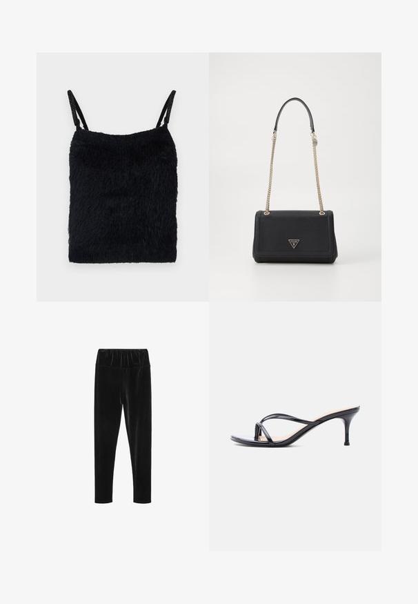 Sort fuzzy stof top med tynde stropper. Tekstureret overflade, firkantet form og let design. Enkel, monokrom farveskema.; Sorte velour leggings med elastisk talje og en glat, skinnende tekstur. Slim fit med tapered ben-design.; Sort laklædersandal med hæl, tynde krydsede remme og en slank mellemhøj stilethæl på en hvid baggrund.; Sort håndtaske i imiteret læder med flapdesign, guldkæde-strop og trekantet logodetalje. Glat tekstur med struktureret form.