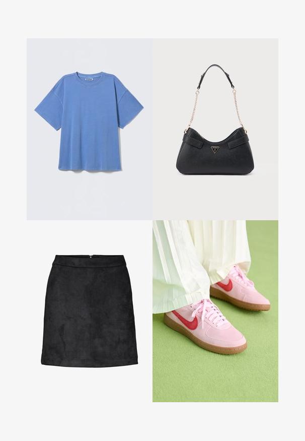 Blauw oversized T-shirt van katoen met korte mouwen, ronde hals en zichtbare stiksels, met het label "WEEKDAY" aan de binnenkant van de kraag.; Zwarte suède minirok met een gladde textuur, rechte snit en een verborgen ritssluiting aan de achterkant. Minimalistisch ontwerp zonder zichtbare patronen of accenten.; Roze suède sportschoenen met een rood logo en bijpassende veters. De zool is van lichtbruin rubber. Draag ze met witte geplooide broeken op een groene ondergrond.; Zwarte handtas met een gestructureerde afwerking, een gebogen silhouet, een dubbele schouderriem van leer en chain, voorzien van een gouden logobedrukking.